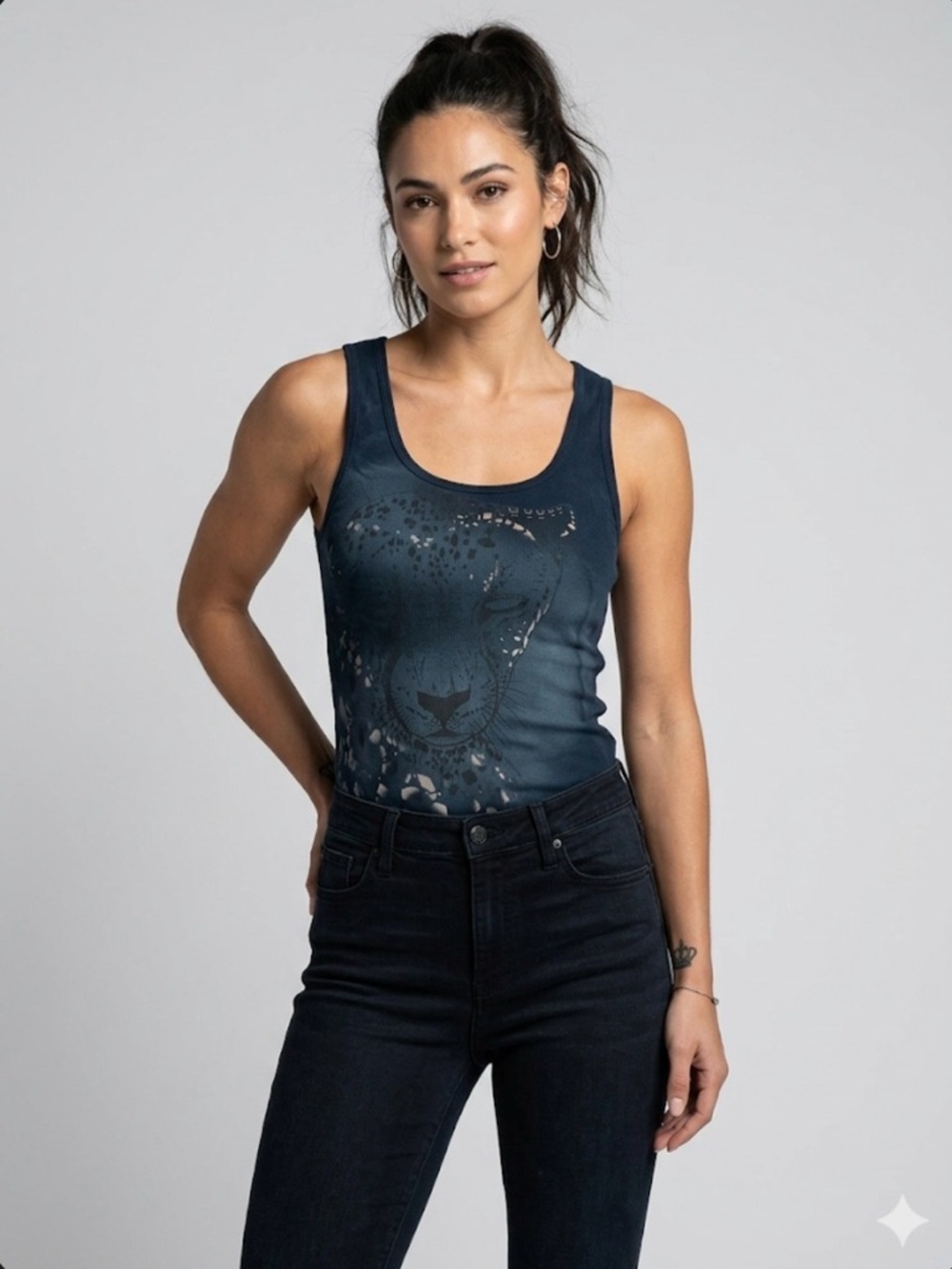 Key Closet Leopard Graphic Blue & Black Women’s Ribbed Cotton Tank Top Sz Small - Picture 2 of 10